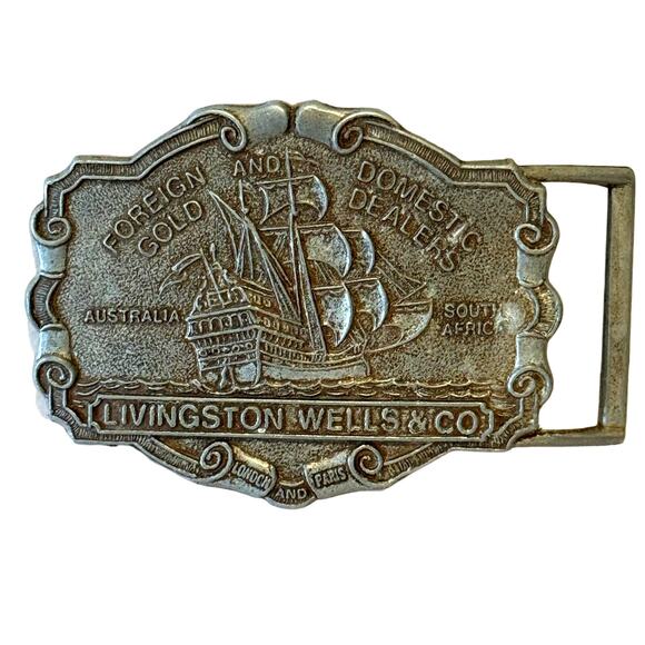 Vintage Circa 70s Pewter Livingston Wells & Co Gold Dealers Belt Buckle - Picture 1 of 7